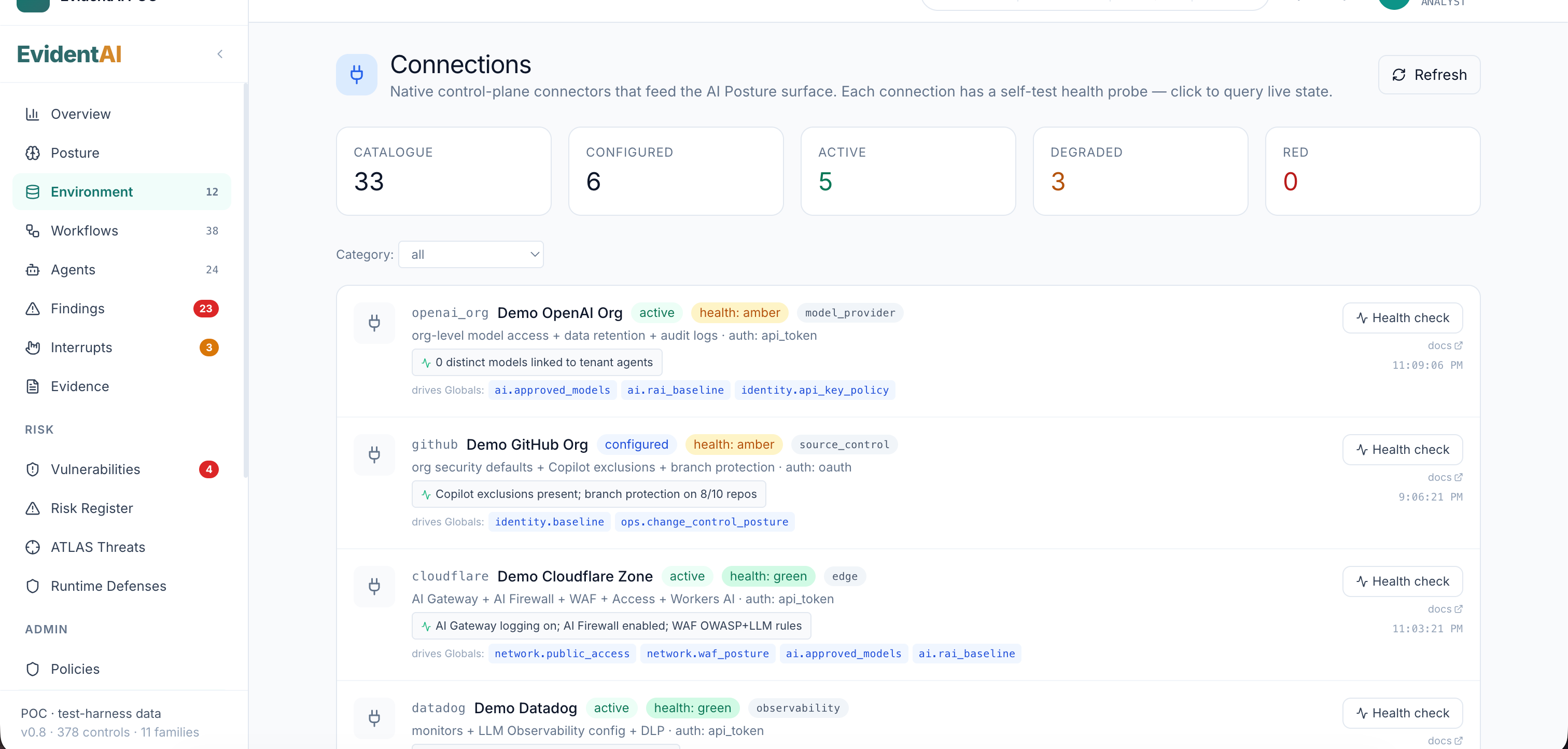 Connections — native control-plane connectors that feed AI Posture.